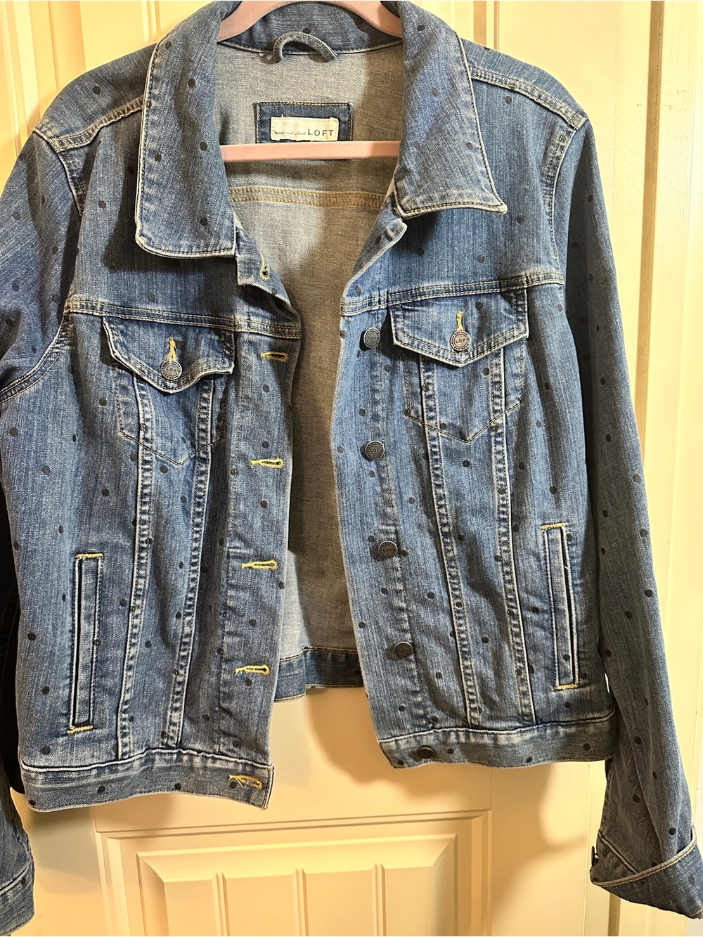 LOFT Light Blue Denim Jacket with Black Polka Dots
